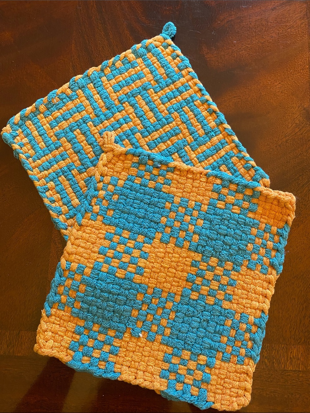 Handcrafted Blue and Orange Woven Cotton Pot Holders